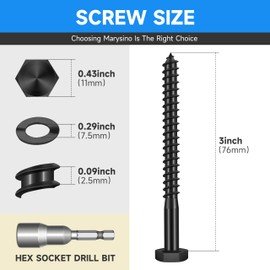 (20-Set) 1/4 x 3 Lag Screws for Wood, Stainless Steel Heavy Duty Hex Head Lag Bolts, Commercial/Industrial Grade 1/4 Bolts, Mounting Screws Bolts Kit, Black Oxided by Marysino