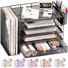 OPNICE Organizador de escritorio, organizador de archivos de papel de 5 niveles con cajón y soporte para bolígrafos, accesorios de escritorio de ofici