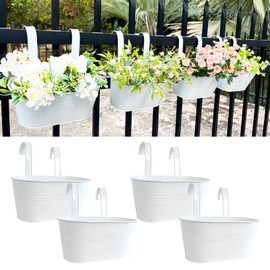 10" Hanging Flower Pots, Pack of 4 White Metal Outdoor Patio Balcony Planter, Railing Planters Fence Pot with Detachable Hook & Drainage Hole for Small Plants (White, 4Pcs)