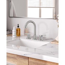 8 Inch Widespread Bathroom Faucet,Brushed Nickel Bathroom Sink Faucet 3 Hole with Pop-up Drain and 2 Supply Hoses,360 Degree Swivel Spout 2 Handle Lead-Free Bath Faucet for Restroom Vanity Camper RV