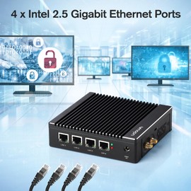 VNOPN Fanless Micro Firewall Appliance Mini PC Intel N3700 Quad Core, 4 x Intel i225 LAN Ports 8GB RAM DDR3 128GB mSATA SSD, Network Gateway Soft Router PC, Support AES NI/Wi-Fi