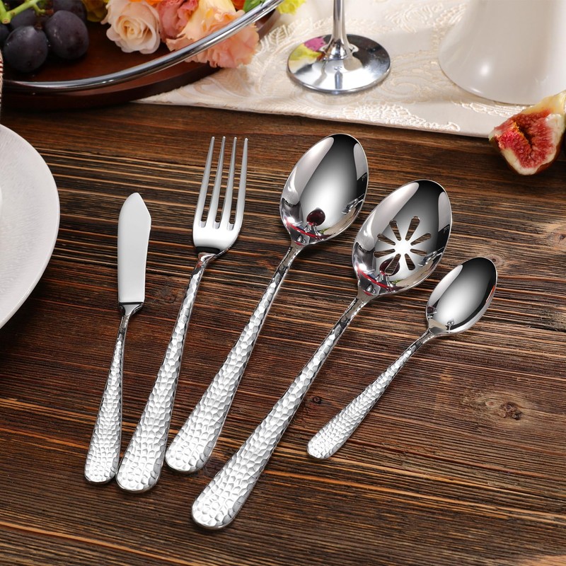 KEAWELL Premium 20/45/65 Piece Louise Hammered Silverware Set with Round