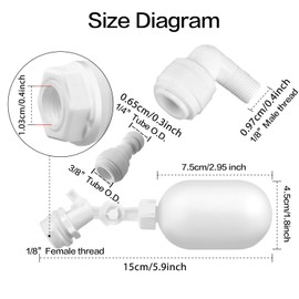 PureSec 3/8&1/4 inch RO Tubing 1-3/4" Plastic Float Valve Shut Off Float Ball Float Switch to Auto-Fill Water Stock Tank,Bucket, Livestock Pool,Cattle Trough, Aquariums, Aquaculture, Water Reservoir