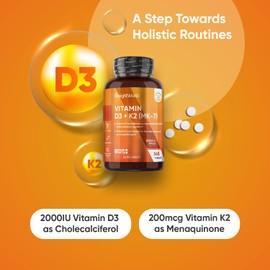 Vitamin D3 K2 Tablets | 365 Tablets | 1 Year Supply | 2000IU Vitamin D3 (Cholecalciferol) | 200mcg K2 (Menaquinone MK-7) | 1 per Day | Easy to Swallow (6mm) | Vegetarian & Non-GMO VIT D Supplement