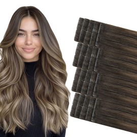 COOKAYU invisible Tape In Hair Extensions 16 Inch 35g Balayage Ombre Dark Brown to Dirty Blonde Tape In Hair Extensions 20pcs (#2/6/18-16Inch)