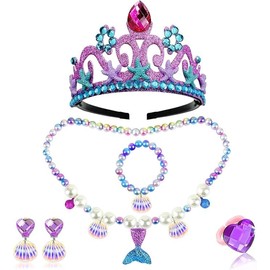 Enchanting Mermaid Princess Necklace, Bracelet, and Ear Clips Set - Colorful Pretend Play Accessories for Girls' Party Dresses