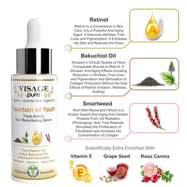 Fountain of Youth - Triple Action Skin Resurfacing - Face Serum - by Visage Pure - Retinol, Bakuchiol (Babchi Oil), Resveratrol, Tightening and Powerful Antiaging Serum - Organic - Physician Formulated - Research Supported