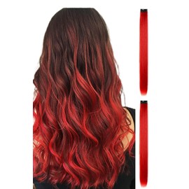 2 x Clip-In Hair Extension Highlights Streaks, Colourful Hair Highlights (Red Thick x 2)