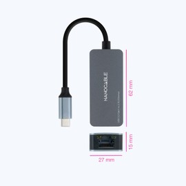 Nanocable 10.03.0410 - USB-C 3.2 GEN1 to Ethernet 2.5G Converter, USB-C 3.2 GEN1 to Ethernet 2.5G Adapter, Aluminium Housing, Grey, 15 cm