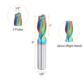 sourcing map Spiral Router Bit, 1/2" Cut Dia. Up Cut 2-Flute Solid Carbide End Mill with 1/2" Shank for CNC Wood Carving Engraving, 1" Cut Length, Diamond-Like Carbon Coated