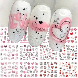 12 Sheets Heart Nail Art Stickers Decals Valentine's Day Heart Nail Decals Water Transfer Nail Art Supplies Cute Pink Heart Lipstick Dessert Bear Design Nail Accessories for Women Nail Decorations