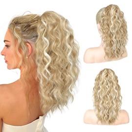 SEIKEA 14" Highlight Ponytail Extension Claw, PT002 Tia Long Wavy Jaw Clip in Fake Pony Tails Multi Layered Fluffy Thick Hair Extensions Ponytail Dark Blonde with White Blonde Highlights