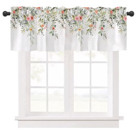 Watercolor Printed Curtain Valances Decorative Kitchen Tier Curtains Short Half Topper Window Curtain Spring Window Treatment Floral Leaves
