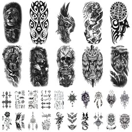 URAQT Temporary Tattoos, Black Temporary Stickers, 10 Sheets Large Men's Tattoo with 20 Sheets Small Tattoos, Wolf Tiger Owl Waterproof Tattoo, Temporary Fake Tattoos for Women Arm Chest Leg