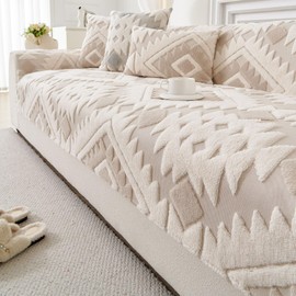 XSlive Boho Plush Couch Covers for Sofa Washable, Fuzzy Soft Couch Cover for Sectional Sofa, Non Slip Jacquard Sofa Cover Furniture Protector for Kids, Pets (Light Coffee,28"x28")