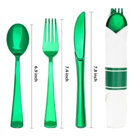Goodluck 50 Set Green Pre Rolled Plastic Cutlery Set, Wrapped Silverware Set with 50 Forks, 50 Knives, 50 Spoons and 50 Napkins, Perfect for Party, Wedding, Christmas