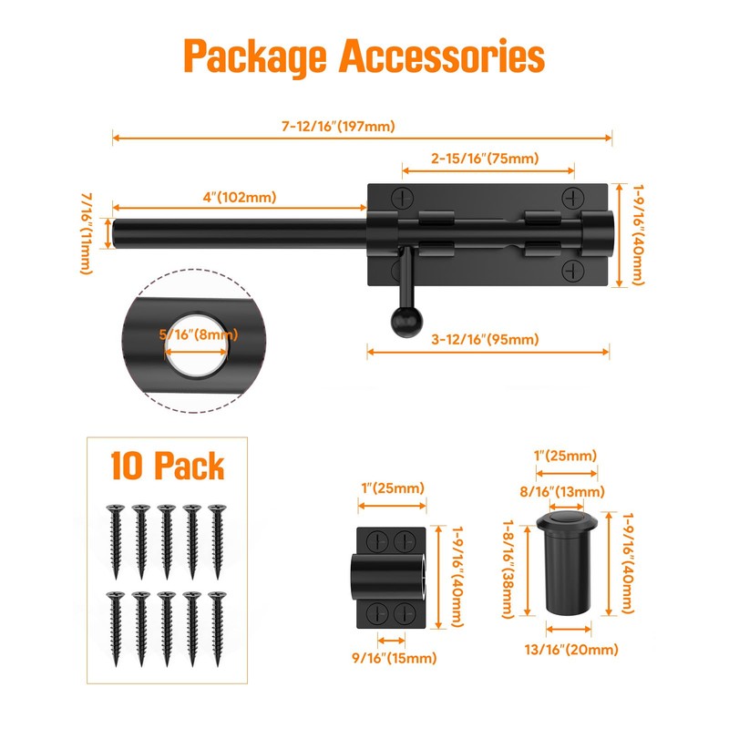 7.7" Barrel Bolt Latch, Heavy Duty Slide Bolt Gate Latch,