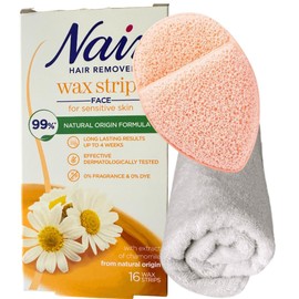 Nair Facial Wax Strips Bundle with Exfoliator Puff & BVO Luxe Reusable Face Cloth | Sensitive Skin Hair Removal Kit for Women | Upper Lip, Chin, Cheeks & Eyebrow Waxing Strips