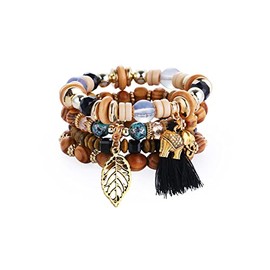 Pingyongchang Boho Stackable Beaded Strand Stretch Leaf Charm Bangles Blacelet Bohemian Mix Bead Multi-Layer Bead Crystal Tatement Bracelets for Women Gifts Jewelry-Black