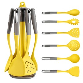 Cooking Utensils Set for Kitchen,7PCS Silicone Utensil Set with Rotating Storage Stand, Non Stick Utensil Tool and Gadget Set with Ergonomic Handles, Heat Resistant Kitchen Essentials (Yellow)