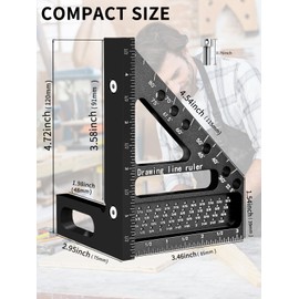 SUNBABA Aluminum Alloy Degree Protractor Multi Woodworking Square Ruler High Precision Hole Scribing Woodworking Tools with Anti-Lost Pin for Accurate (Black)