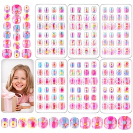 144 Pcs Holographic Press on Nails for Kids, Girls Fake Nails Mini False Nail Tips Pre Glue Full Cover Acrylic Nails for Girls Nail Art Decoration