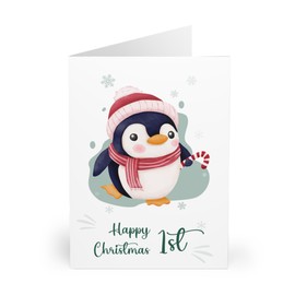 Adorable Penguin 1st Christmas Greeting Card - Red Winter Hat, Candy, Snowflakes
