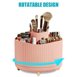 Veki 360°Rotating Makeup Brush Holder Organizer, Makeup Organiser for Dressing Table, Cosmetic Brush Holder for Bathroom Vanity, Cosmetic Brushes Container Storage for Lipstick Eyeliner (Pink)