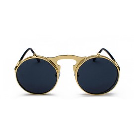 qinqilanqi-S Retro Metal Steampunk Flip-Up Sunglasses for Men and Women, Round Frame Sunglasses for Fashion, Gold/Black Grey
