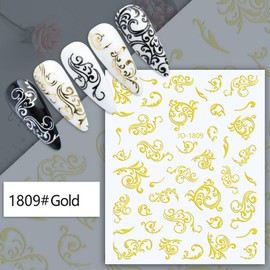 Holographic Gold Leaf Nail Art Stickers, Luxury Vine Leaf Nail Art Transfer Decals Design, Glitter Gold Floral Leaf Nail Adhesive Sticker for Fingernail Art, Women Girls Manicure Summer Decorations