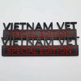 Pair Set Metal Vietnam Vet Special Edition Emblems 3D Badges Raised Decals Exterior Truck Stickers (Black Red)