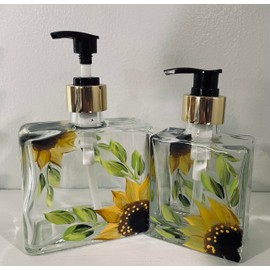 Gift set with two Sunflower Soap Dispenser or Lotion Dispenser one 8.5 oz dispenser and one 5 oz dispenser with Gold Aluminum Pump