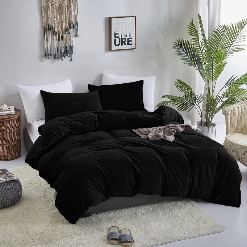 KAREVER Black Velvet Comforter Set - Cal King Flannel Bedding