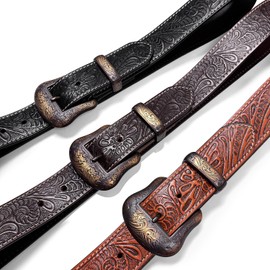 Floral Engraved Embossed Tooled Western Genuine Full Grain Leather Belt 1-1/2"(38mm) Wide (Black,34)