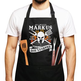 MoonWorks SpecialMe® Barbecue Apron Grill Master Desired Name Saying The Man of Myth the Legend Sparta Helmet, Grillmeister Legend Black