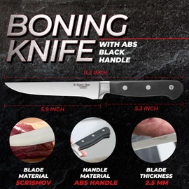 Boston Steel Boning Knife 6 Inch 5CrMoV Carbon Stainless Steel Sharp Full Tang Kitchen Fillet Knife with ABS Ergonomic Handle Design for Meat Cutting, Kitchen Knives in Premium Gift Box