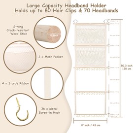 Headband Holder, 17x50in Bow Holder W/ 2 Mesh Pockets & 36 Metal Hooks, Bow Organizer for Girls Hair Clip Jewerly, Wall Hanging Hair Accessories Storage Hanger for Baby Toddler Nursery Decor(Beige)
