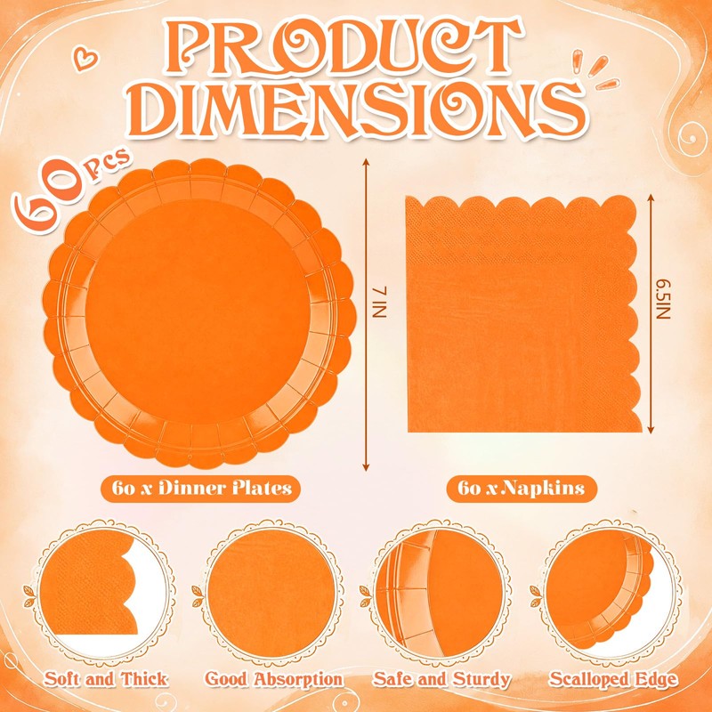 120 Pcs Orange Paper Plates and Napkins,7 Inch Scalloped Fall