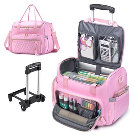 SUCIKORIO Teacher Rolling Laptop Bag 17.3 Inch 3 IN 1 Rolling Briefcase for Women Waterproof Teacher Tote Bag With Wheels Work Bags With Detachable Trolley for Office, College, Nurse, Pink