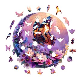 Wooden Jigsaw Puzzles, Wooden Puzzles for Adults Kids, Wood Puzzles Adult Unique Shape Butterfly and Moon-1, Gifts for Women and Men, Family Puzzles 13.4 * 13.4in 300pcs