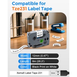XemaX 5-Pack Tze Tz Tape 12mm 0.47" Laminated White Compatible for Brother Label Maker Tape P Touch 12mm 0.47" White Tze-231 Tze231 Tz 1/2" for PT-D210 PT-D220 PTD610BT PTD410 PT-H103W PT2040 PTD400