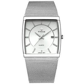 Gosasa Reloj clásico analógico de cuarzo para hombre, con fecha de acero inoxidable, correa de malla milanesa ultrafina, esfera rectangular luminosa, plateado, Movimiento de cuarzo