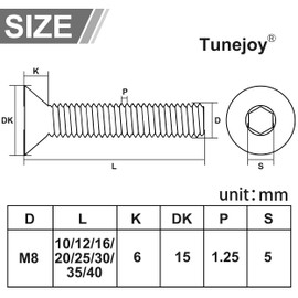 Tunejoy Countersunk Screws M8 x 20 mm Black Stainless Steel A2 V2A Countersunk Head Hexagon Socket DIN 7991 Full Thread with Allen Key Pack of 20