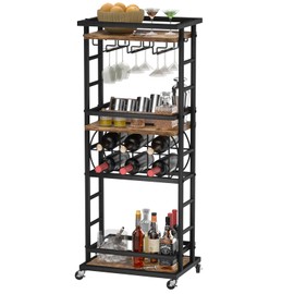 MILEFA 4 Tier Bar Cart with Wheels, Home Bar Serving Cart, Rolling Mini Wine Cart with Wine Rack and Glass Holder, Drink Cart for Dining Room, Living Room, Kitchen, Bar and Outdoor, Rustic Brown