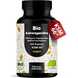 Organic Ashwagandha Capsules High Dose - 180 Capsules - 600 mg KSM-66 for Cortisol, Vegan & Produced in Germany - Laboratory Tested