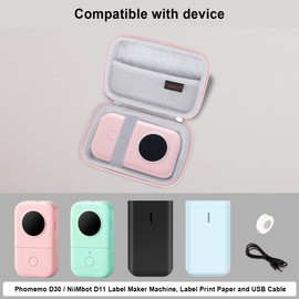 Canboc Hard Case for Phomemo D30 D35/Memoking D30/NIIMBOT D11 Label Maker, Portable Thermal Bluetooth Mini Label Printer Storage Bag, Mesh Bag fit Label Paper Tape and Cable, Pink