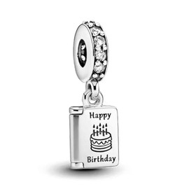 Birthday Card Dangle Cubic Zirconia Charm in Sterling Silver for Charms Bracelets, Xmas Mother's Day Gifts Idea.