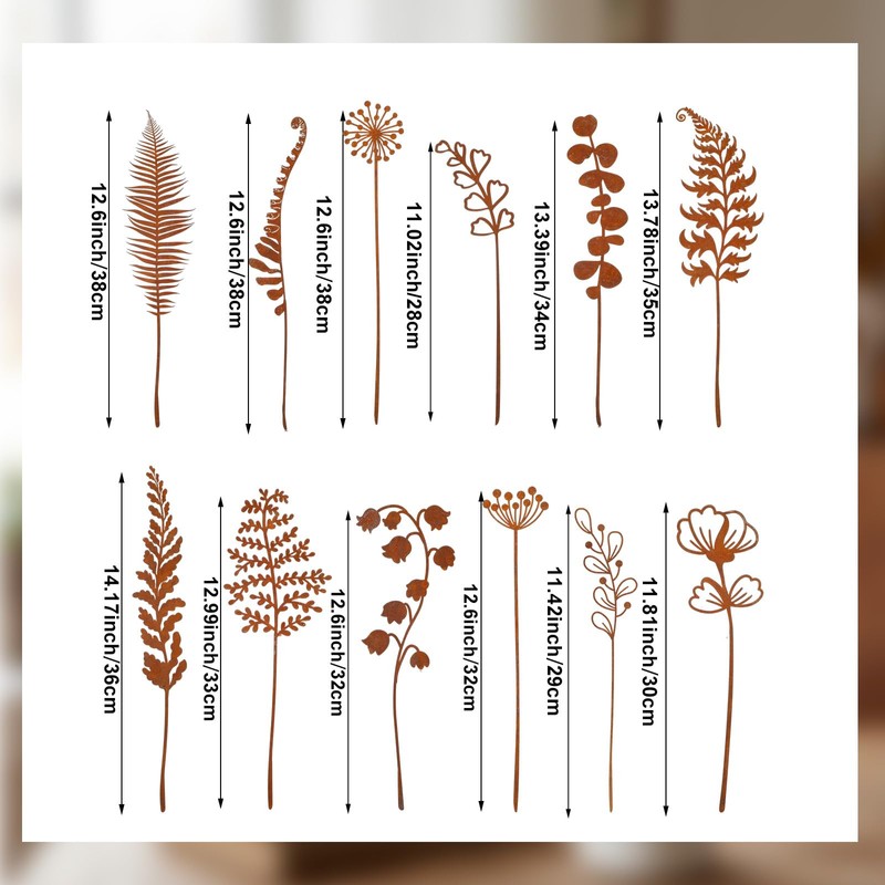 12 Pack Rusty Metal Garden Stakes, Rustic Metal Fern Leaf