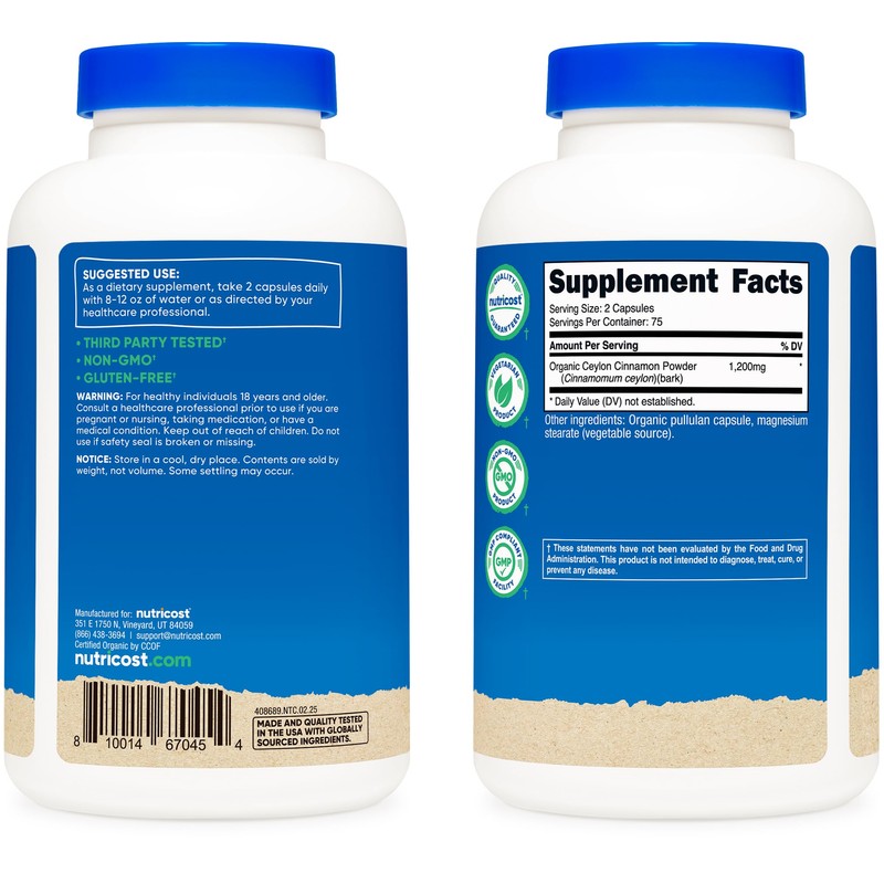 Nutricost Organic Cinnamon (Ceylon Cinnamon) 1,200mg Serving, 150 Capsules -