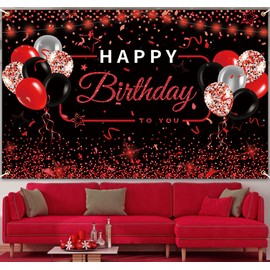 Red and Black Happy Birthday Background Banner Sign Poster Large Fabric Glitter Balloon Fireworks Sign Birthday Photo Backdrop Background for Kid Adults Birthday Party Decoration Supplies,65 x 41 Inch